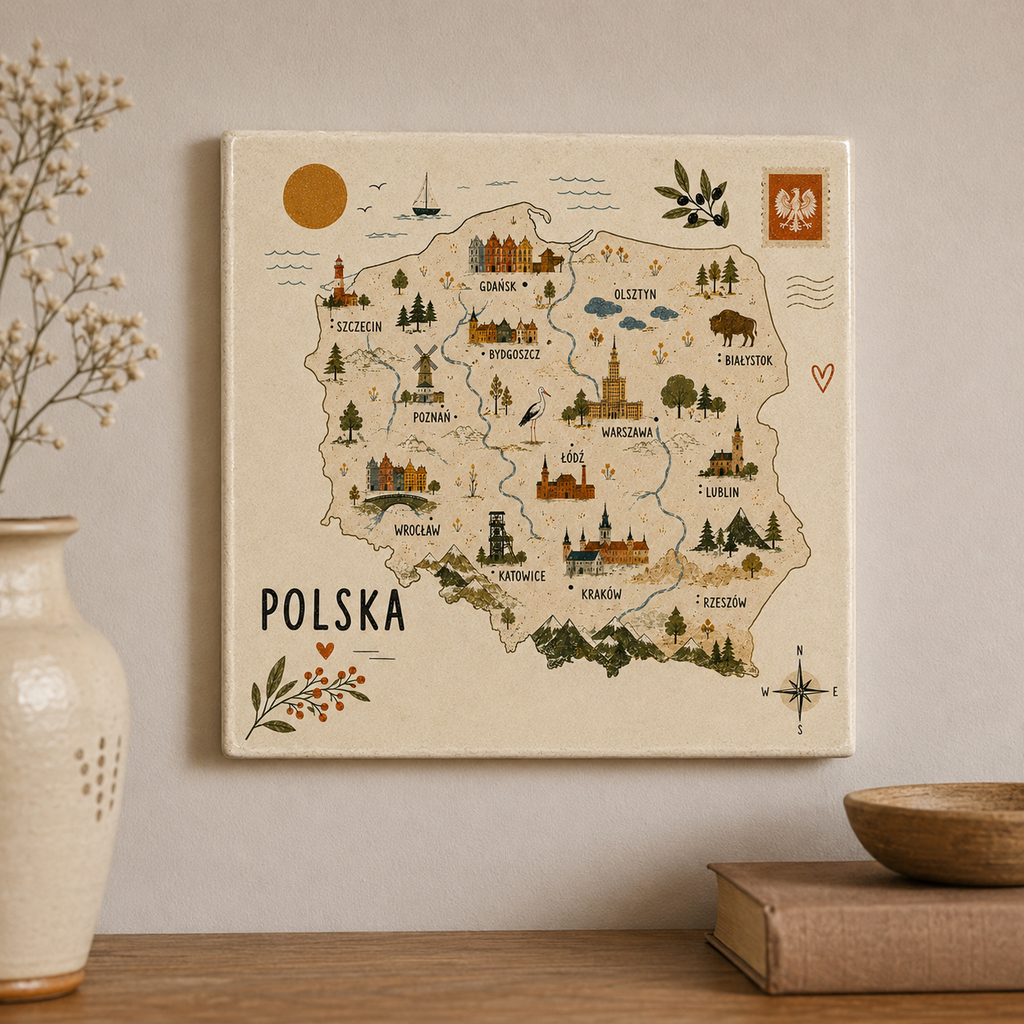 Ceramiczna płytka dekoracyjna Ilustrowana Mapa Polski